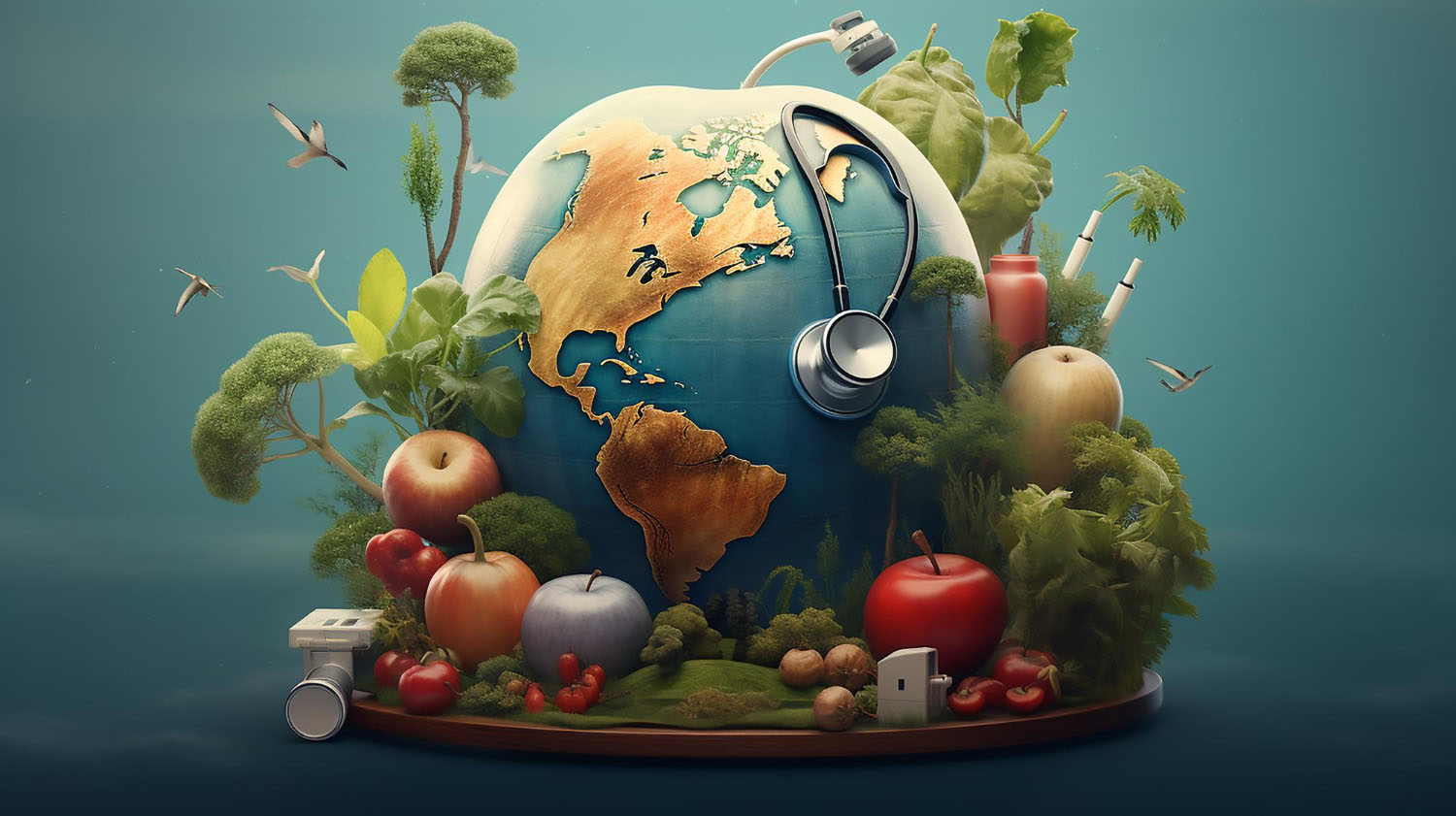 planeta rodeado de alimentos frescos y un estetoscopio